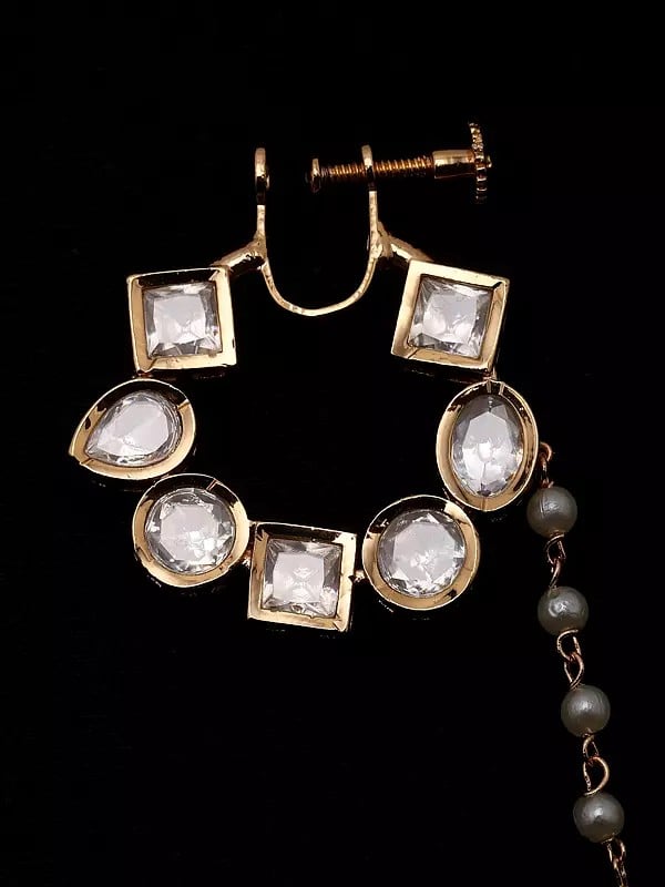 Exotic India Kundan-Studded Vilandi Nose Ring With Beaded Chain 