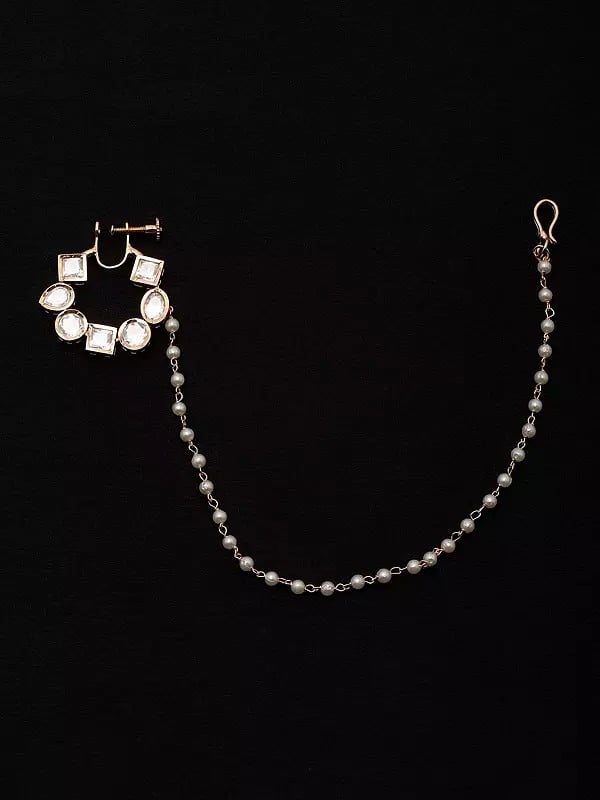 exotic india Kundan-Studded Vilandi Nose Ring with Beaded Chain 