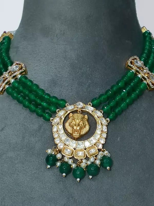 Exotic India Kundan Work Three Strands Green Beaded Lion Jewelry Set With Earrings