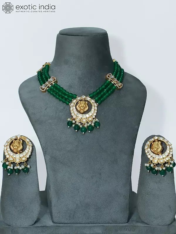 exotic india Kundan Work Three Strands Green Beaded Lion Jewelry Set With Earrings 