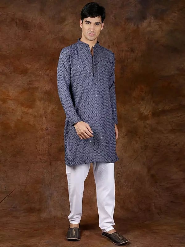 Exotic India Kurta Pajama Set With Sequins And All-Over Thread Embroidery 