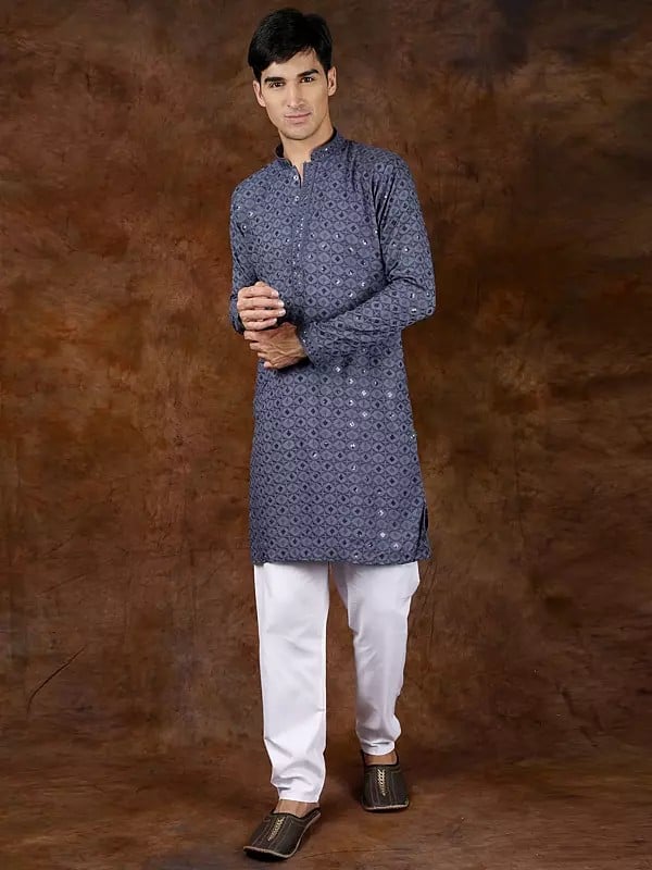 Exotic India Kurta Pajama Set With Sequins And All-Over Thread Embroidery 
