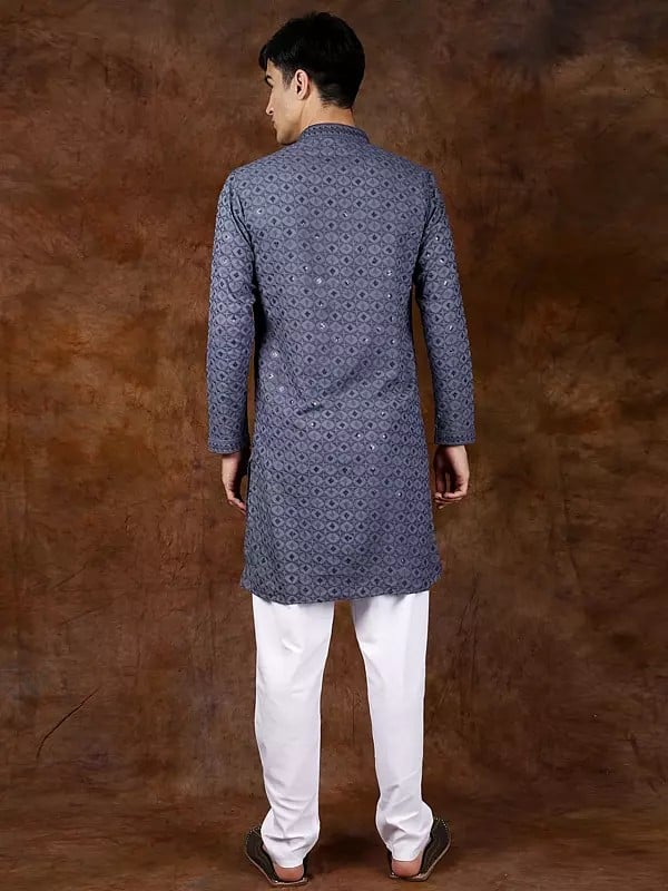 Exotic India Kurta Pajama Set With Sequins And All-Over Thread Embroidery 