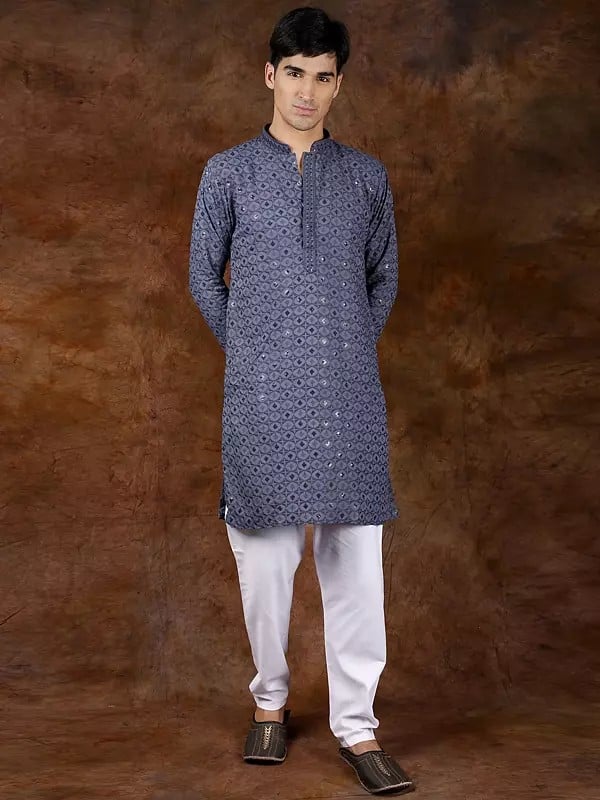 exotic india Kurta Pajama Set with Sequins and All-Over Thread Embroidery 