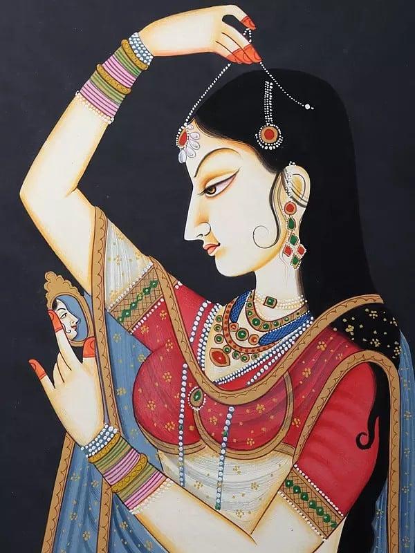 Exotic India Lady Adorning Herself | Classic Rajput Style Painting | Watercolor On Paper 