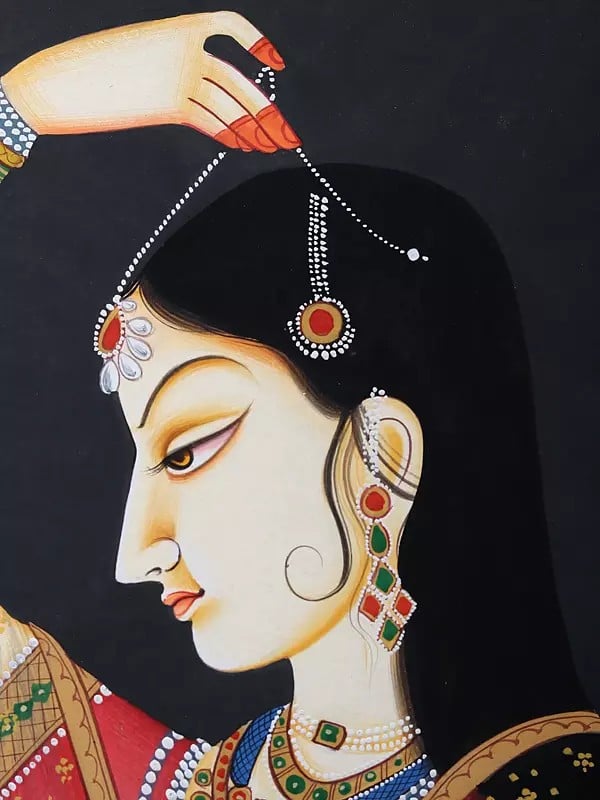 Exotic India Lady Adorning Herself | Classic Rajput Style Painting | Watercolor On Paper 