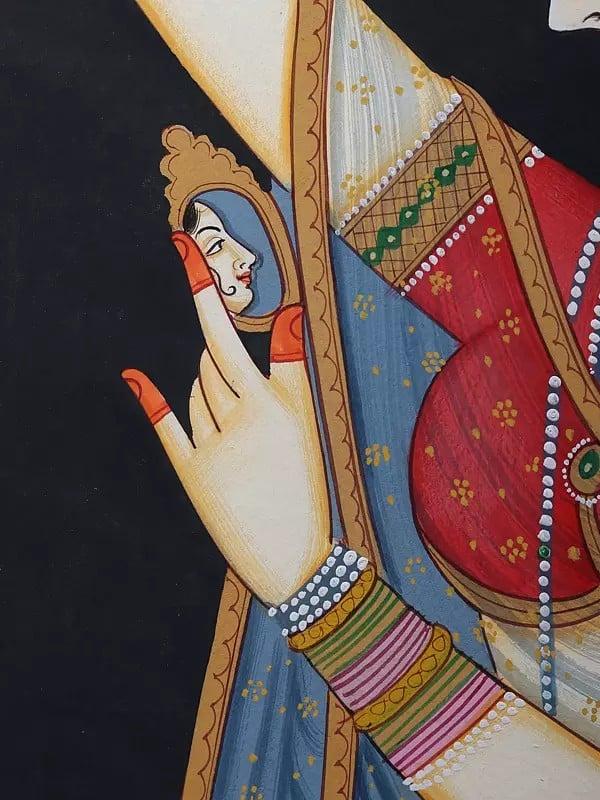 Exotic India Lady Adorning Herself | Classic Rajput Style Painting | Watercolor On Paper 