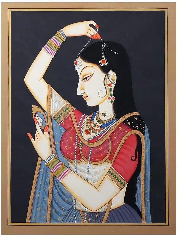 exotic india Lady Adorning Herself | Classic Rajput Style Painting | Watercolor on Paper 