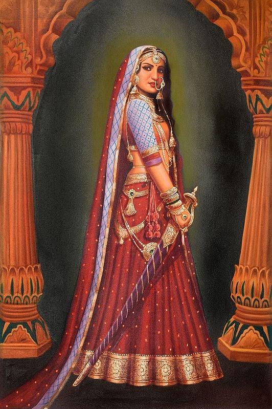 exotic india Lady with a Sword | Oil Painting on Canvas 