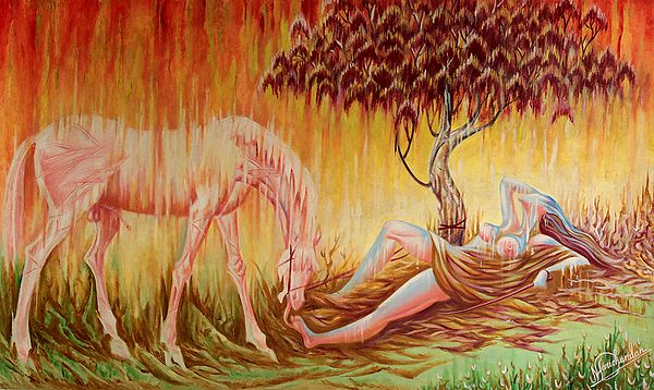 exotic india Lady with her Horse | Oil Painting on Canvas 
