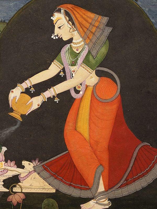 Exotic India Lady Worshipping ShivLing | Watercolor Painting On Paper 