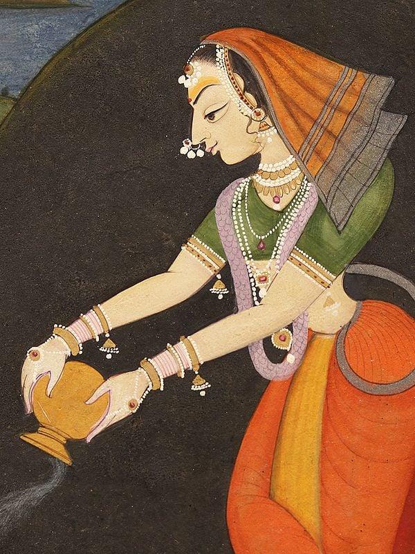 Exotic India Lady Worshipping ShivLing | Watercolor Painting On Paper 