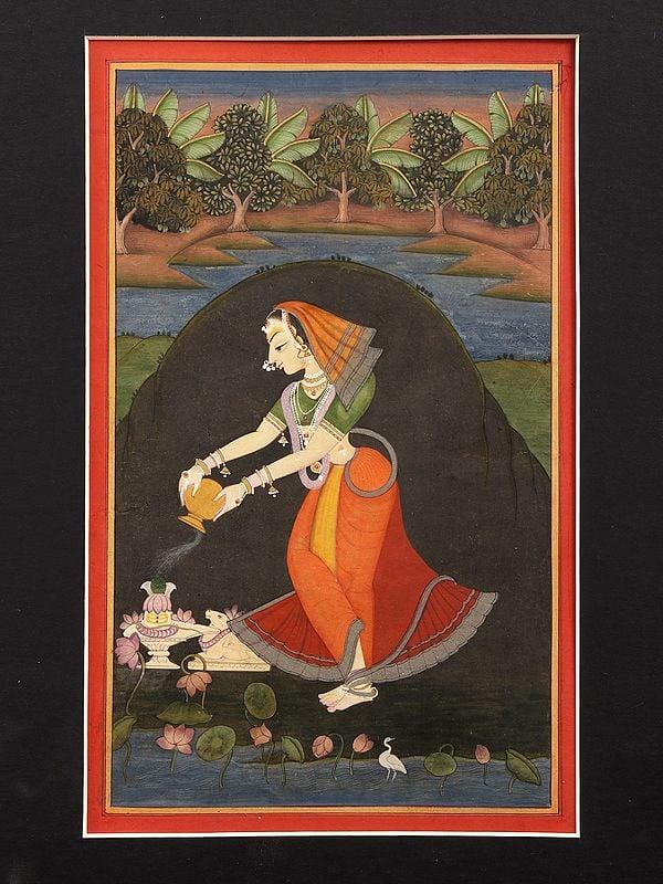 exotic india Lady Worshipping ShivLing | Watercolor Painting on Paper