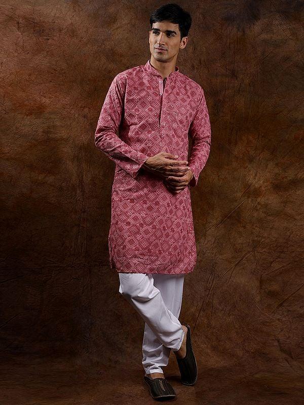Exotic India Lakhnavi Chikan Kurta Pajama Set With Metallic-Thread Embroidery 