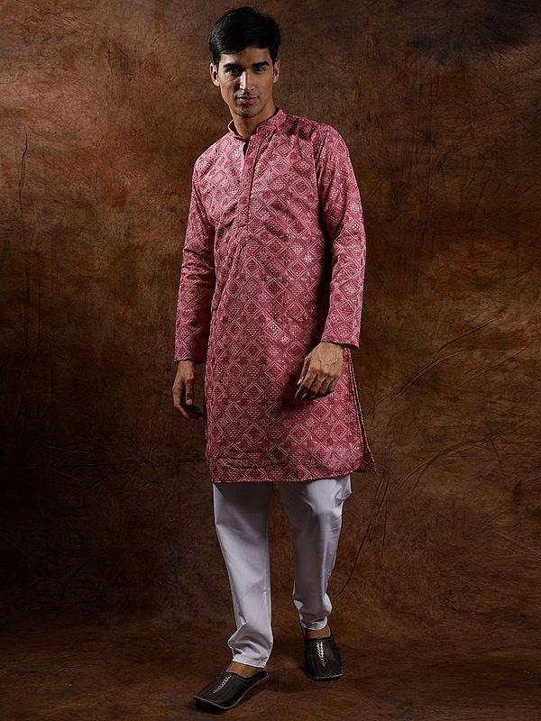 Exotic India Lakhnavi Chikan Kurta Pajama Set With Metallic-Thread Embroidery 