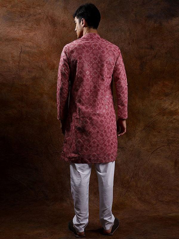 Exotic India Lakhnavi Chikan Kurta Pajama Set With Metallic-Thread Embroidery 