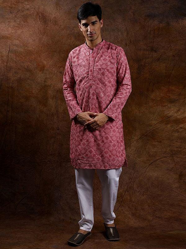 exotic india Lakhnavi Chikan Kurta Pajama Set with Metallic-Thread Embroidery 