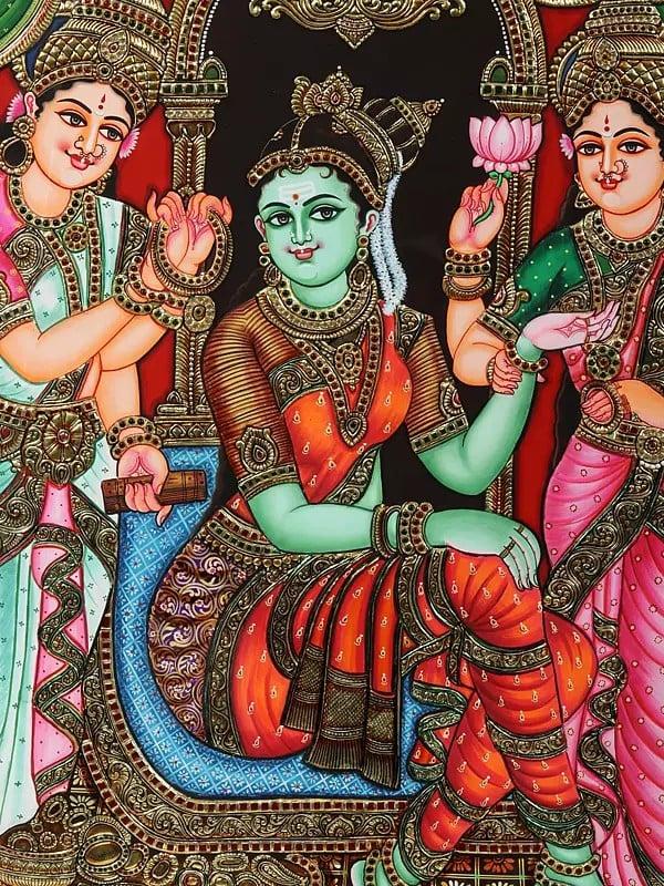 Exotic India Lakshmi And Saraswati Doing Wedding Shringar Of Devi Parvati | Framed Tanjore Painting 