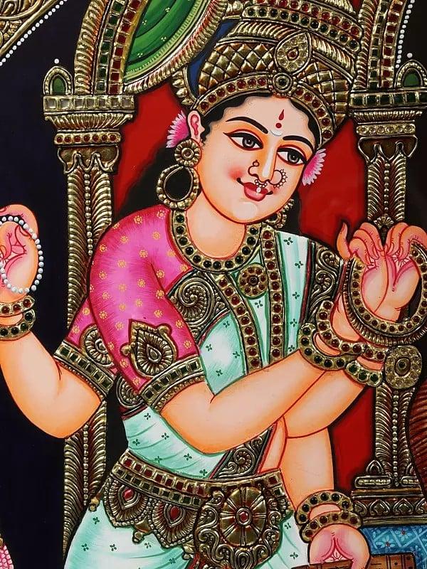 Exotic India Lakshmi And Saraswati Doing Wedding Shringar Of Devi Parvati | Framed Tanjore Painting 