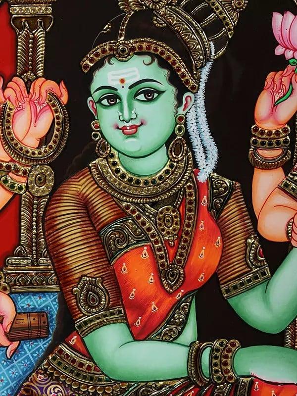 Exotic India Lakshmi And Saraswati Doing Wedding Shringar Of Devi Parvati | Framed Tanjore Painting 