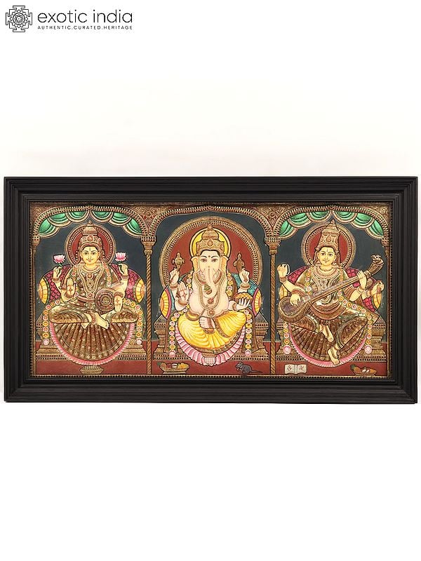 exotic india Lakshmi Ganesha and Saraswati Tanjore Painting with Frame