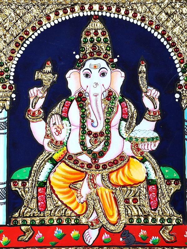Exotic India Lakshmi Ganesha Saraswati | 24 Karat Gold Work | Framed Tanjore Painting