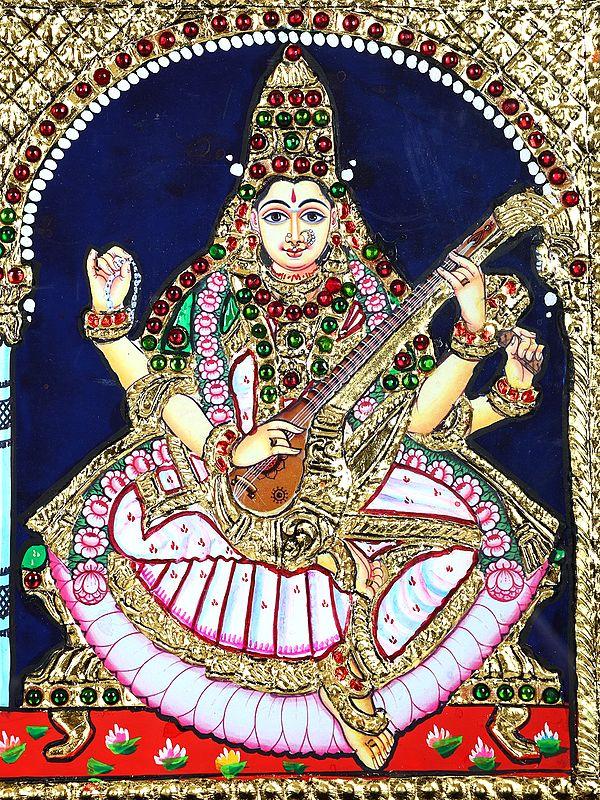 Exotic India Lakshmi Ganesha Saraswati | 24 Karat Gold Work | Framed Tanjore Painting