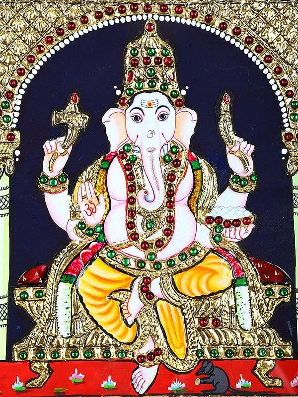 Exotic India Lakshmi Ganesha Saraswati | 24 Karat Gold Work | Framed Tanjore Painting 