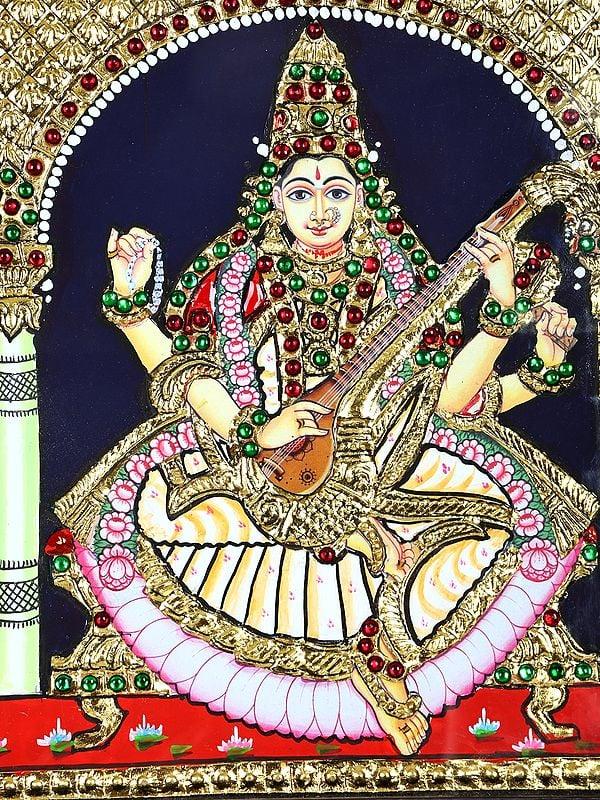 Exotic India Lakshmi Ganesha Saraswati | 24 Karat Gold Work | Framed Tanjore Painting 