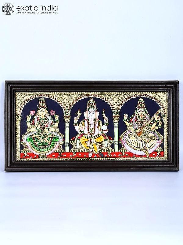 exotic india Lakshmi Ganesha Saraswati | 24 Karat Gold Work | Framed Tanjore Painting 