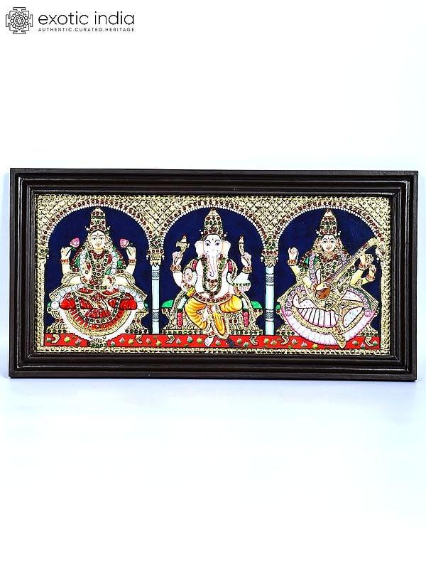 exotic india Lakshmi Ganesha Saraswati | 24 Karat Gold Work | Framed Tanjore Painting 