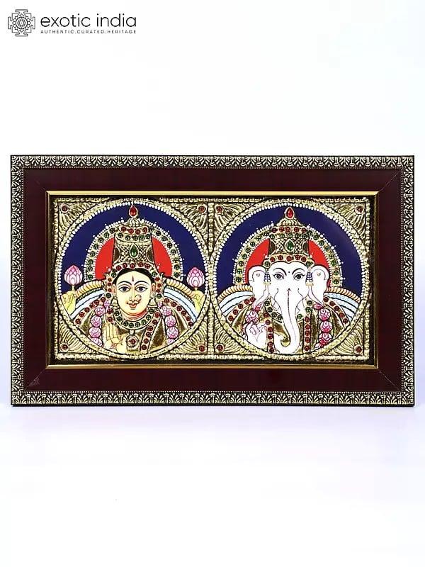 exotic india Lakshmi-Ganesha Tanjore Painting | With Frame 