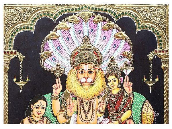 Exotic India Lakshmi Narasimha With Bhakta Prahlad Tanjore Painting | Traditional Colors With 24K Gold | Teakwood Frame | Gold & Wood | Handmade 
