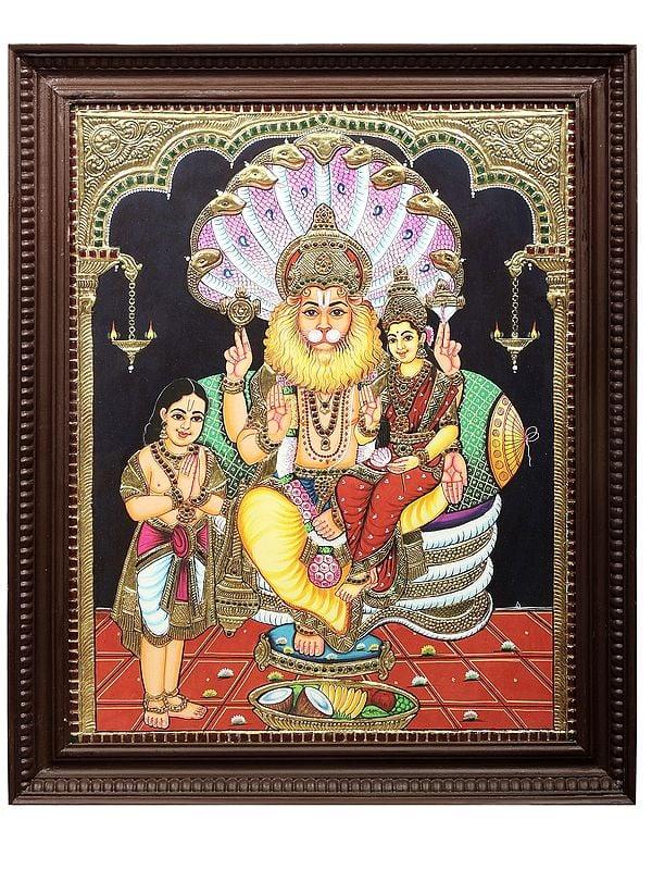 exotic india Lakshmi Narasimha with Bhakta Prahlad Tanjore Painting | Traditional Colors With 24K Gold | Teakwood Frame | Gold & Wood | Handmade