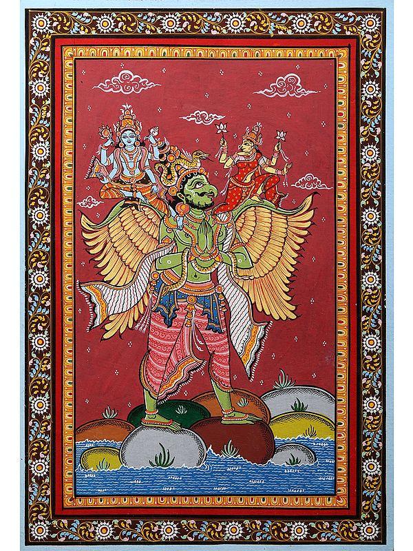 exotic india Lakshmi - Narayan Seated on Garuda | Pattachitra Painting from Odisha 