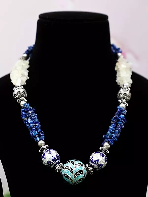 Exotic India Lapis Lazuli Chips And Moonstone Necklace | Sterling Silver Necklaces