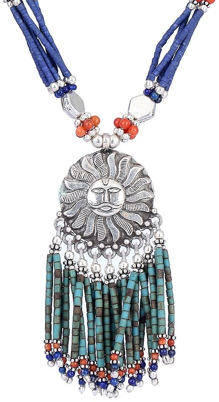 Exotic India Lapis Lazuli Coral And Turquoise Ethnic Sun Pendant Necklace