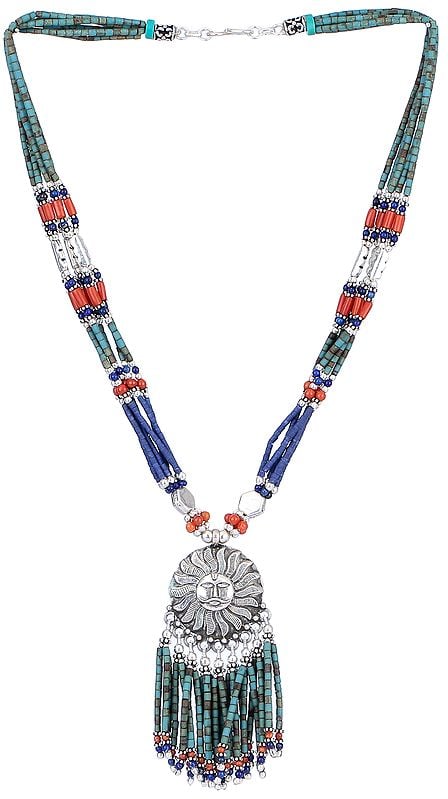 exotic india Lapis Lazuli Coral and Turquoise Ethnic Sun Pendant Necklace 