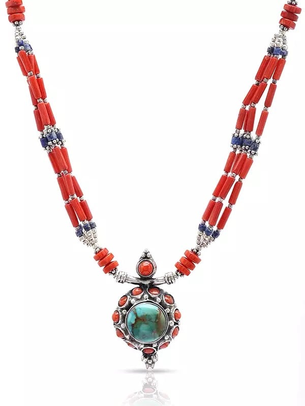 Exotic India Lapis Lazuli Coral And Turquoise Necklace 