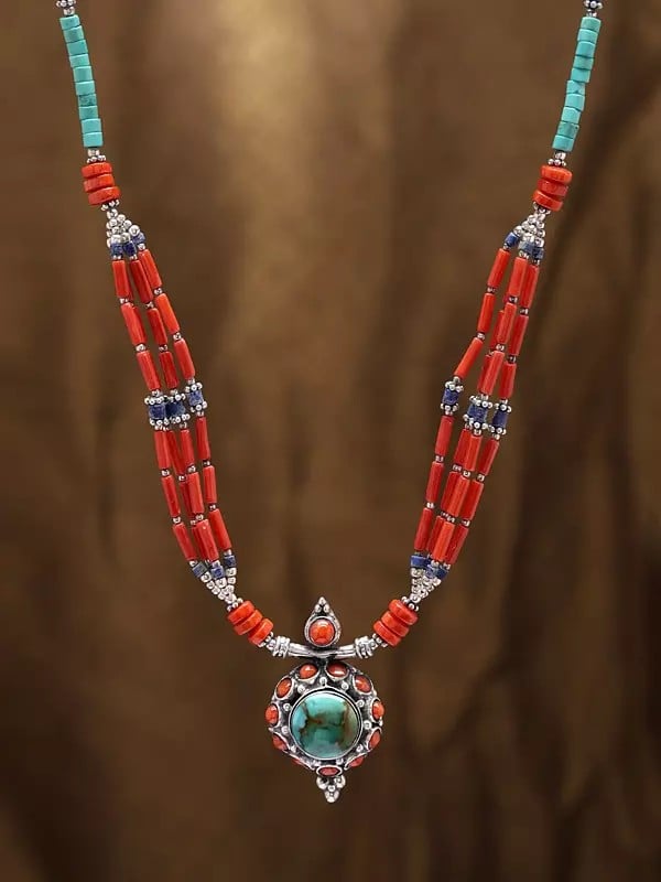 Exotic India Lapis Lazuli Coral And Turquoise Necklace 