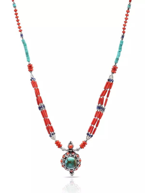 exotic india Lapis Lazuli Coral and Turquoise Necklace 