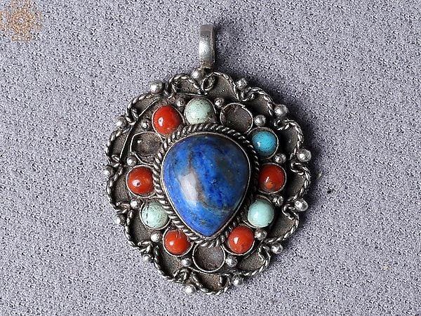 exotic india Lapis Lazuli Multi Stone Silver Pendant