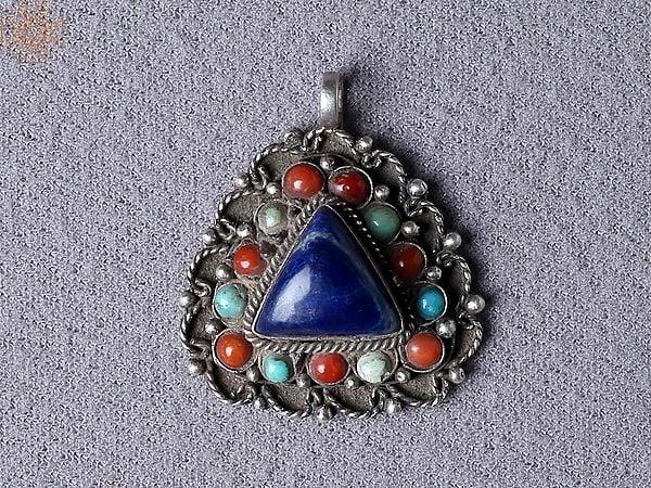 exotic india Lapis Lazuli Multiple Stone Silver Pendant