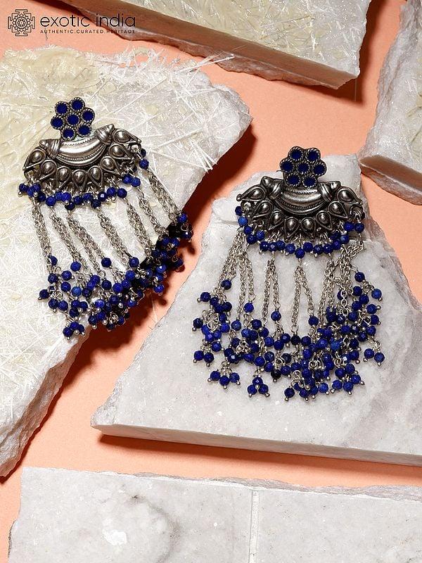 Exotic India Lapis Lazuli Shower Earrings In Sterling Silver