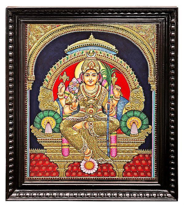 exotic india Large Goddess Rajarajeshwari Tanjore Painting | Traditional Colors With 24K Gold | Teakwood Frame | Gold & Wood | Handmade | Made In India 
