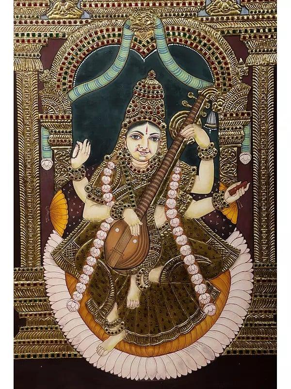 Exotic India Large Goddess Saraswati Tanjore Painting | Traditional Colors With 24K Gold | Teakwood Frame | Handmade