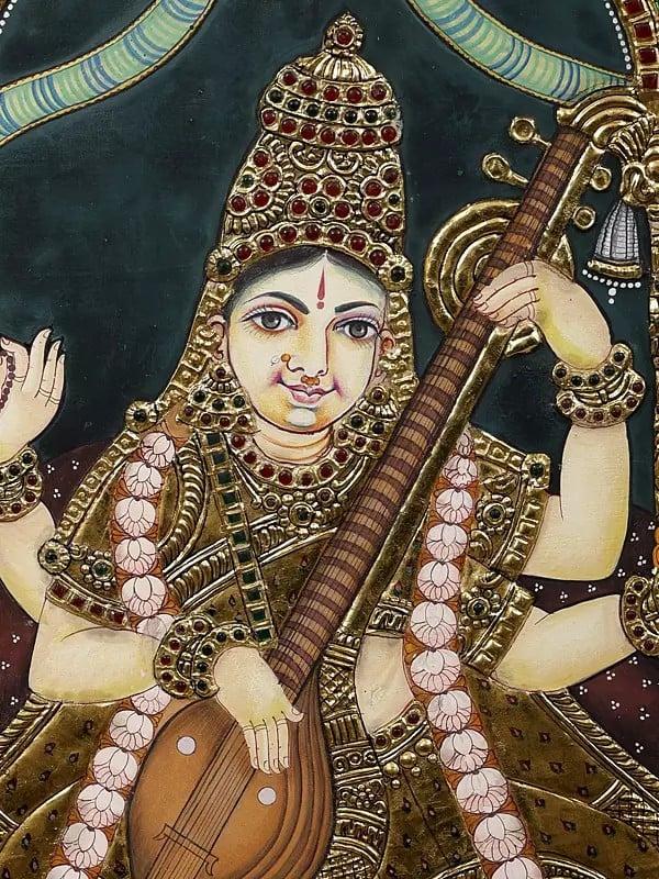 Exotic India Large Goddess Saraswati Tanjore Painting | Traditional Colors With 24K Gold | Teakwood Frame | Handmade