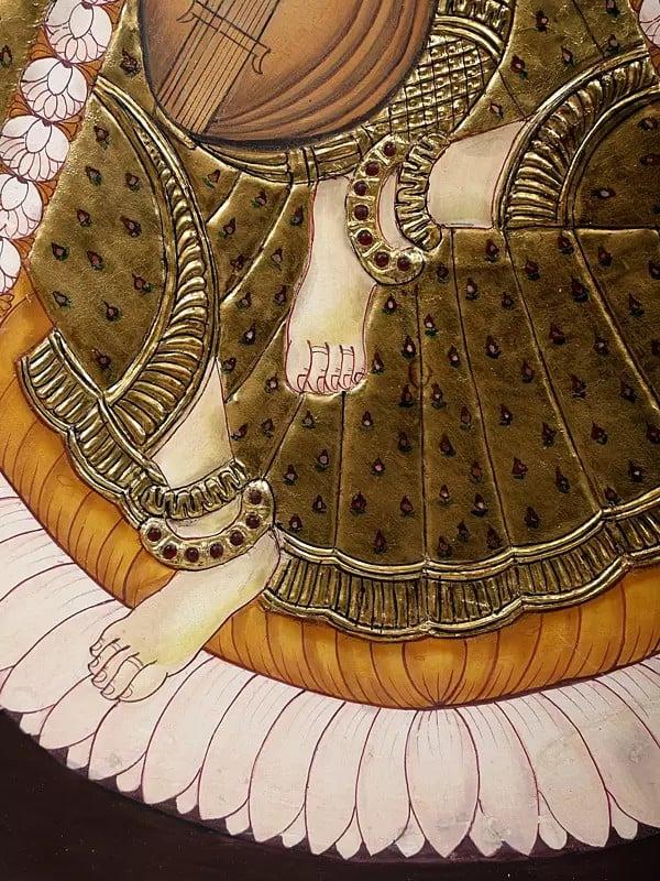 Exotic India Large Goddess Saraswati Tanjore Painting | Traditional Colors With 24K Gold | Teakwood Frame | Handmade