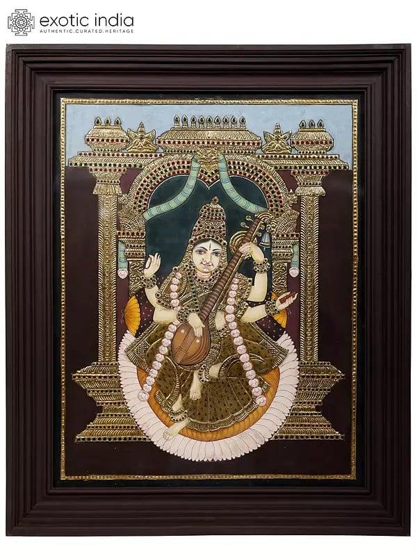 exotic india Large Goddess Saraswati Tanjore Painting | Traditional Colors With 24K Gold | Teakwood Frame | Handmade