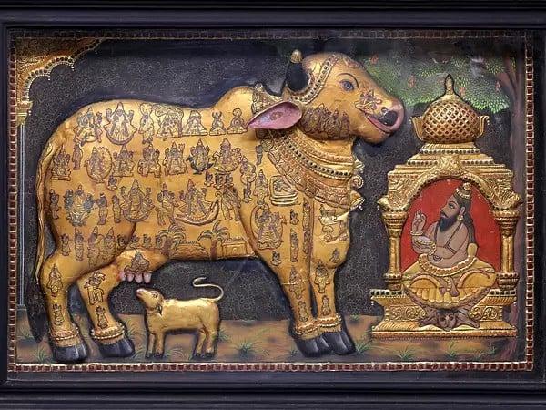 Exotic India Large Kasyapa Worshipping Kamdhenu Tanjore Painting | Traditional Colors With 24K Gold | Teakwood Frame | Gold & Wood